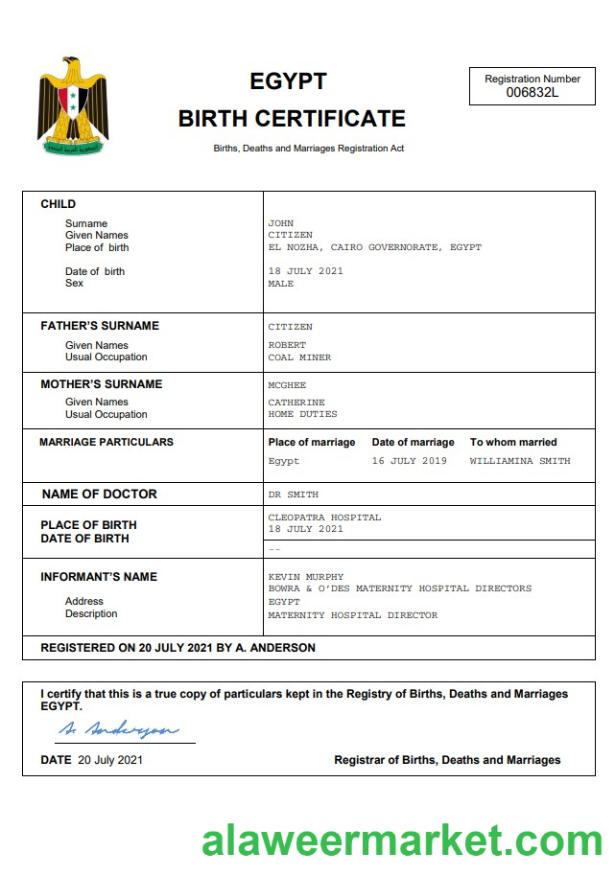 Egypt birth certificate Word and PDF template